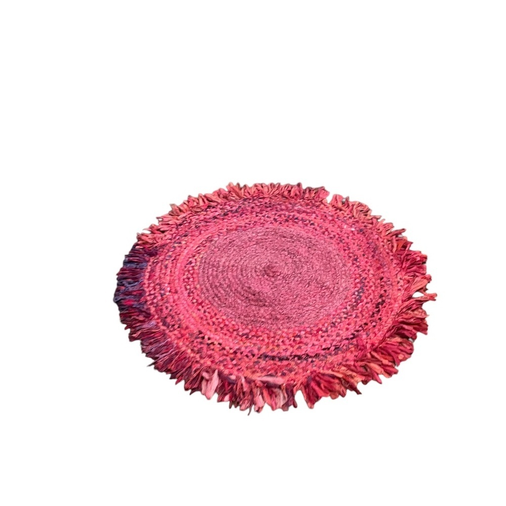 NWOT Handmade Braided Multi Color Block‎ Rag Rug With Fringe Round Rug, - Picture 5 of 12